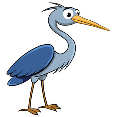 Cartoon heron with light blue plumage and an orange beak stands tall in simple clarity