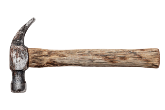 Worn, rustic claw hammer isolated on transparent PNG background