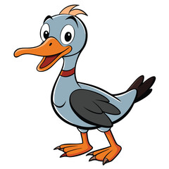 A cheerful cartoon duck with orange beak and feet joyfully stands against white