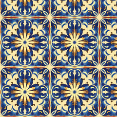 Seamless Pattern Gold and Blue Floral Tile Design