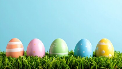 Easter egg hunt celebration green grass decorative eggs soft blue background product photography spring concept