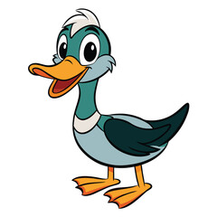 Cheerful cartoon duck with orange beak and feet is smiling on white