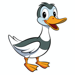 Cartoon duck with orange beak and feet is standing on a white background