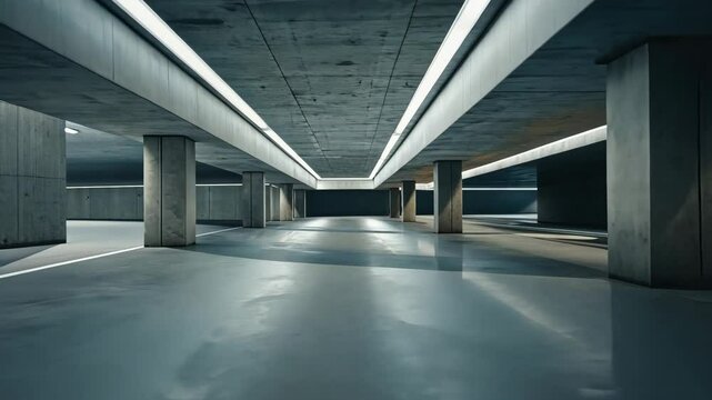 Modern empty parking garage at night with spotlights illuminating the area.