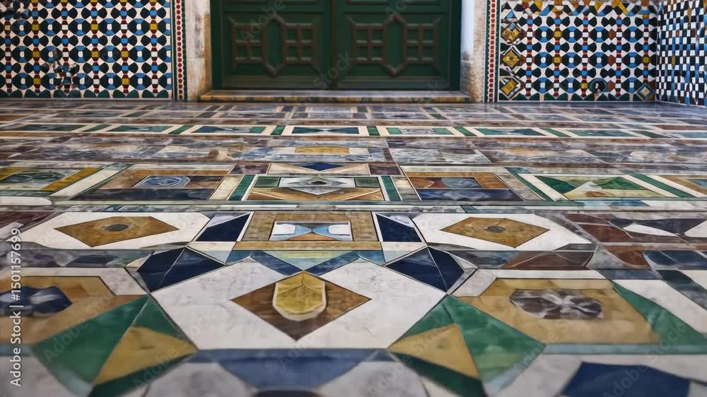 Poster the floor is a vibrant display of mosaic tile artistry, with intricate designs and a rich array of c
