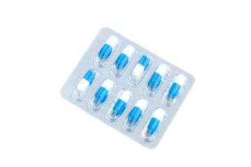 White and blue medical pills in transparent blister pack isolated on white background, Medical pills capsule