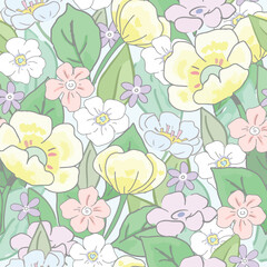 Colorful blooming flower and green leaf seamless pattern
