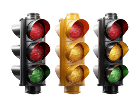 Traffic Light Signals: A trio of vibrant traffic lights displaying a sequence of red, yellow, and green, vital for traffic control, safety and navigation.