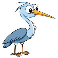 Adorable cartoon heron with large eyes and a long beak stands cheerfully