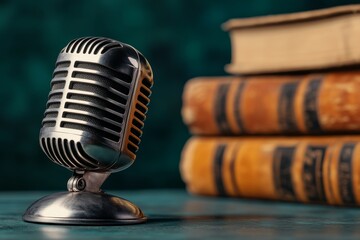 Retro microphone in an old studio or library, against a background of books. Generative AI