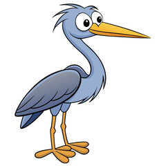 Standing heron cartoon character exhibits whimsical charm with its bright colors and playful expression