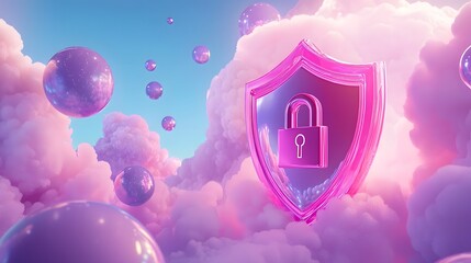 Conceptual Visualization of Cloud Security with Pink and Purple Shield and Lock