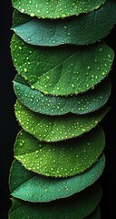 Obraz premium Stacked, vibrant green leaves, covered in water droplets, arranged vertically against a black background