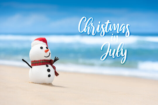 Christmas in July sale template design with a snowman on a beautiful beach