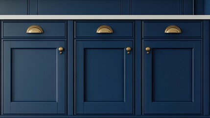 Fototapeta premium Deep navy blue kitchen cabinets with brass pulls.
