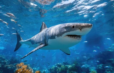 Naklejka premium In the deep sea, there is an incredibly large shark swimming with fish around it.