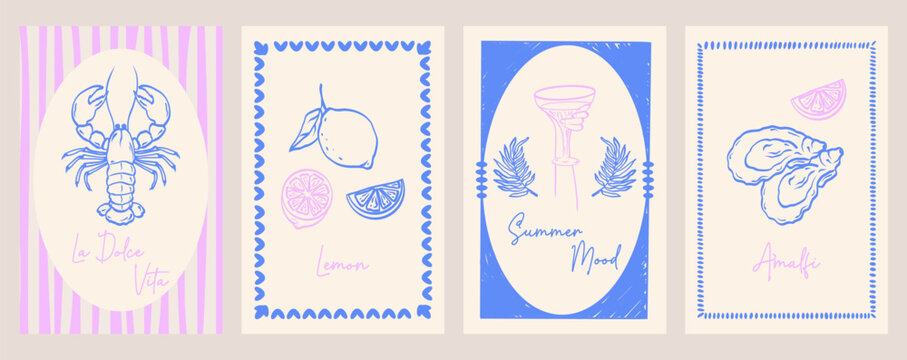 Set of abstract summer vintage posters. Hand drawn lemons, lobster, oysters, glass. Italian vibe of postage stamps. Vector illustration ink doodle sketch.