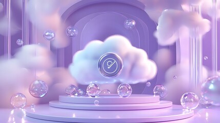 Futuristic 3D of Cloud Security Platform with Spheres on Purple Background