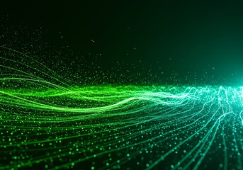 Luminous green data streams flow over digital landscape