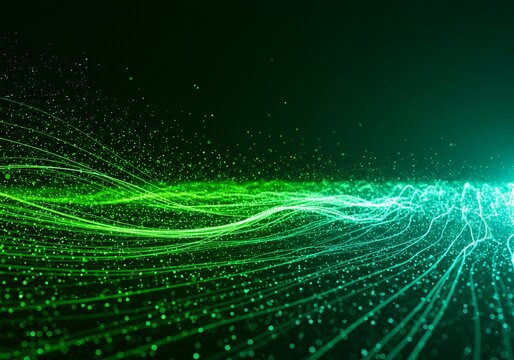 Luminous green data streams flow over digital landscape