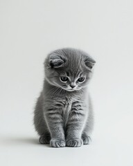 A gray kitten sits, looking down, against a plain white background.  Its fur is soft and fluffy, with a slightly darker gray pattern. The kitten's posture is calm yet slightly pensive