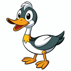 Cartoon duck with yellow beak stands happily, showing cute details, and posing confidently