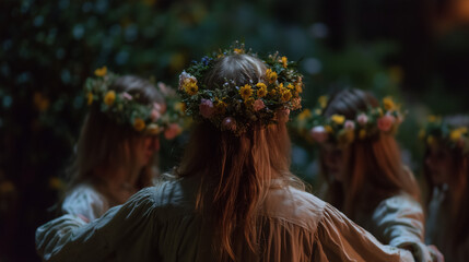 Riga Solstice Festival Night Ritual – Women in Traditional Dress Form a Circle Wearing Wildflower Crowns in a Magical Midsummer Celebration Under the Stars