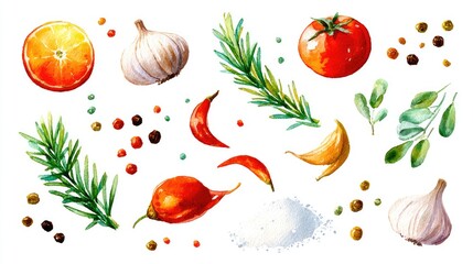 Watercolor Spices Citrus with Garlic, Tomato, and Rosemary on White.