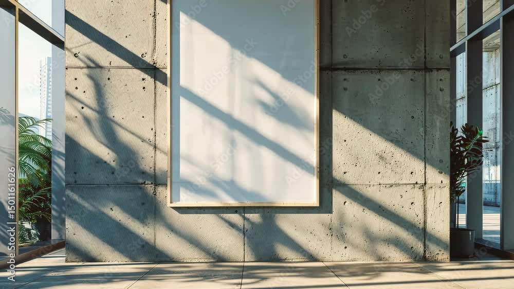 Poster shadowed concrete wall with a blank canvas, ideal for artistic expression in modern office spaces.