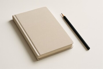 Elegant beige notebook and black pencil on a light surface for creative writing