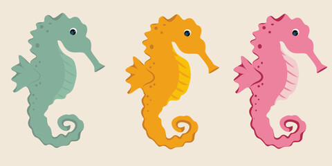 Seahorse illustration set. Multicolored pictures with sea animals. Seahorse stickers for backgrounds. stickers. screensavers, icons, children's illustrations