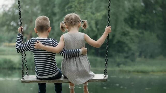 Boy and girl on a swing looking at the water, siblings play together, two children enjoying a peaceful moment outdoors on nature, childhood fun video footage.