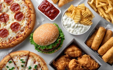 fast food items arranged in a grid on a white background