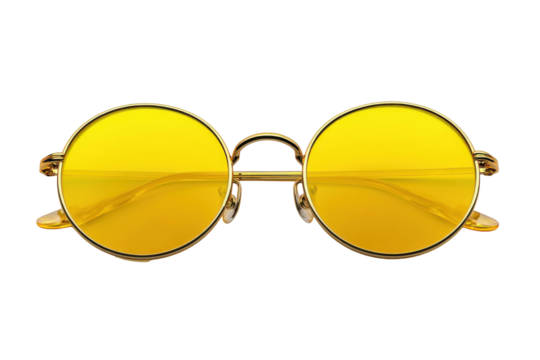 Gold, round, yellow lens isolated on transparent PNG background