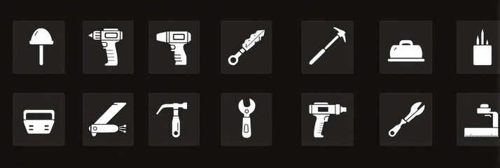Minimalist Icon Set Featuring Construction Tools Arranged in a Clean Design for Easy Identification and Use in Various Projects
