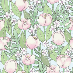 Watercolor tulip flower in the garden seamless background