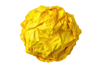 Yellow crumpled paper ball isolated on transparent PNG background