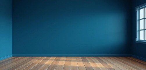 Dark blue wall, bare wooden floor, empty room , blank, minimal