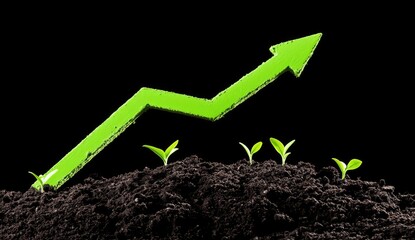 Green upward trend line over fertile soil with sprouting seedlings.  Growth and success concept