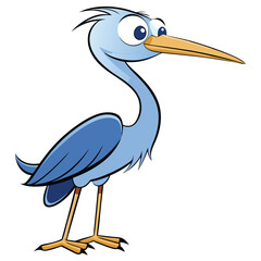 Cartoon blue heron bird stands with big eyes and long beak looks left