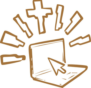 Christian laptop illustration, web, internet gospel, carlo acutis symbol, icon.