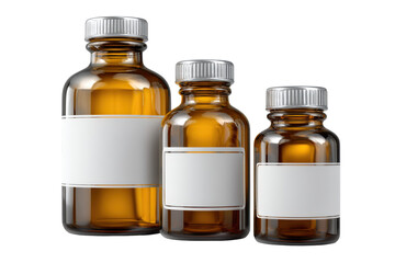 Brown bottles, blank labels isolated on transparent PNG background