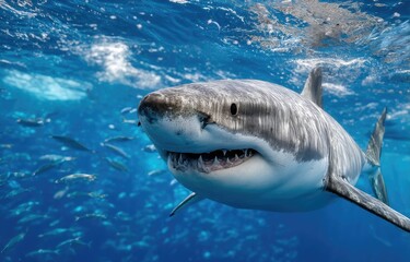 A large shark swimming in the deep blue sea, surrounded by fish and other marine life.