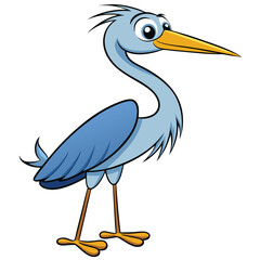 Cartoon blue heron stands attentively with a yellow beak and golden feet