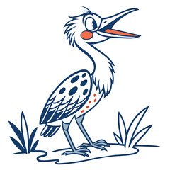 Obraz premium Cartoon heron stands in wetland grass with open beak in a comical style