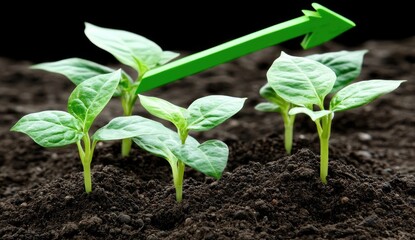 Young plants growing, upward arrow highlights growth