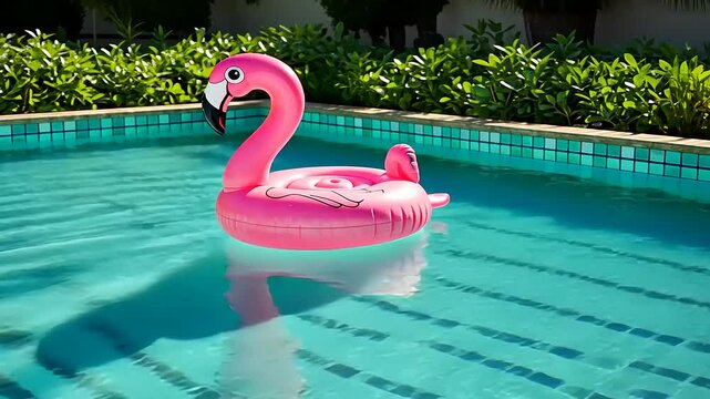 A vibrant pink flamingo floatie gently swaying in a sunny pool surrounded by lush greenery
