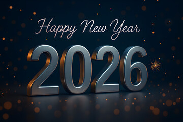 Sophisticated Happy New Year 2026 Greeting with 3D Metallic Numbers & Bokeh Sparkles