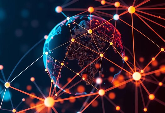 Interconnected globe nodes illustrate global business network, international success, technology, communication