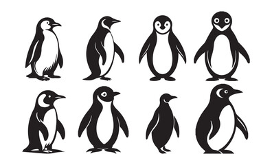 Collection of penguins' silhouettes. penguin different pose walking and skating. vector illustration